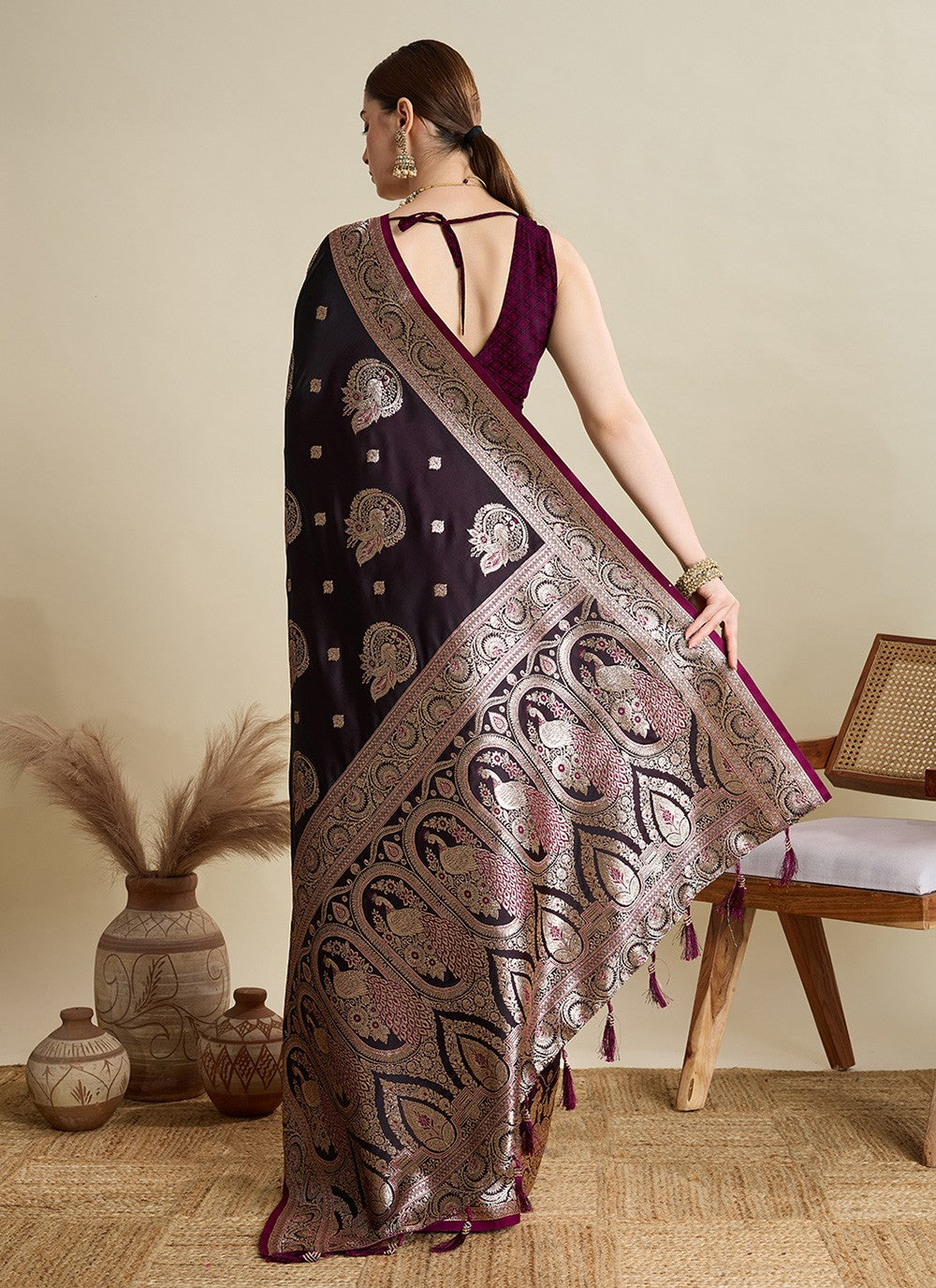 Wine Satin Silk Trendy Saree Woven S16819
