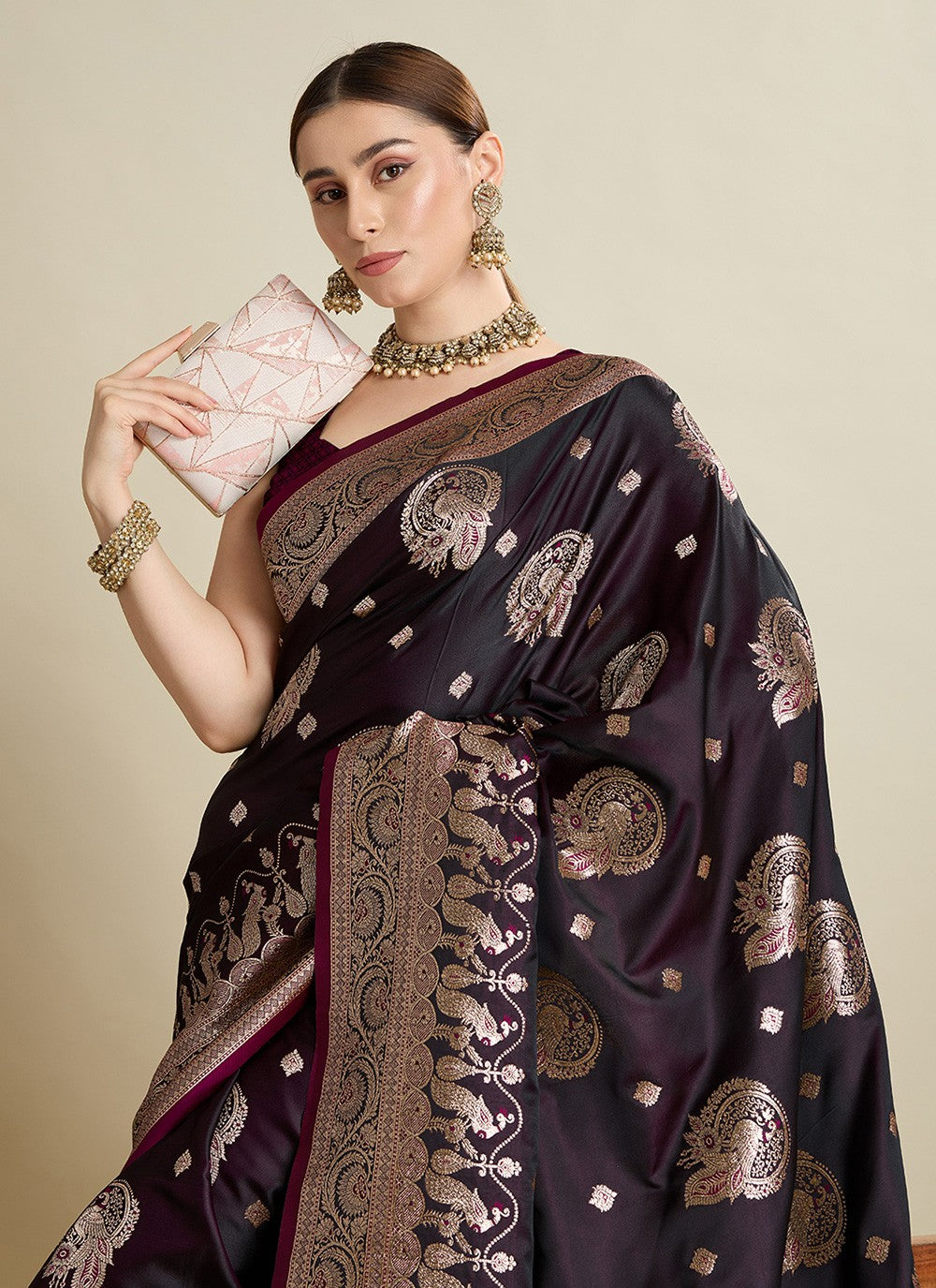 Wine Satin Silk Trendy Saree Woven S16819
