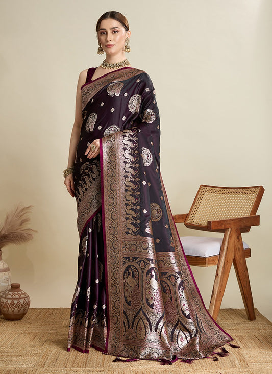Wine Satin Silk Trendy Saree Woven S16819
