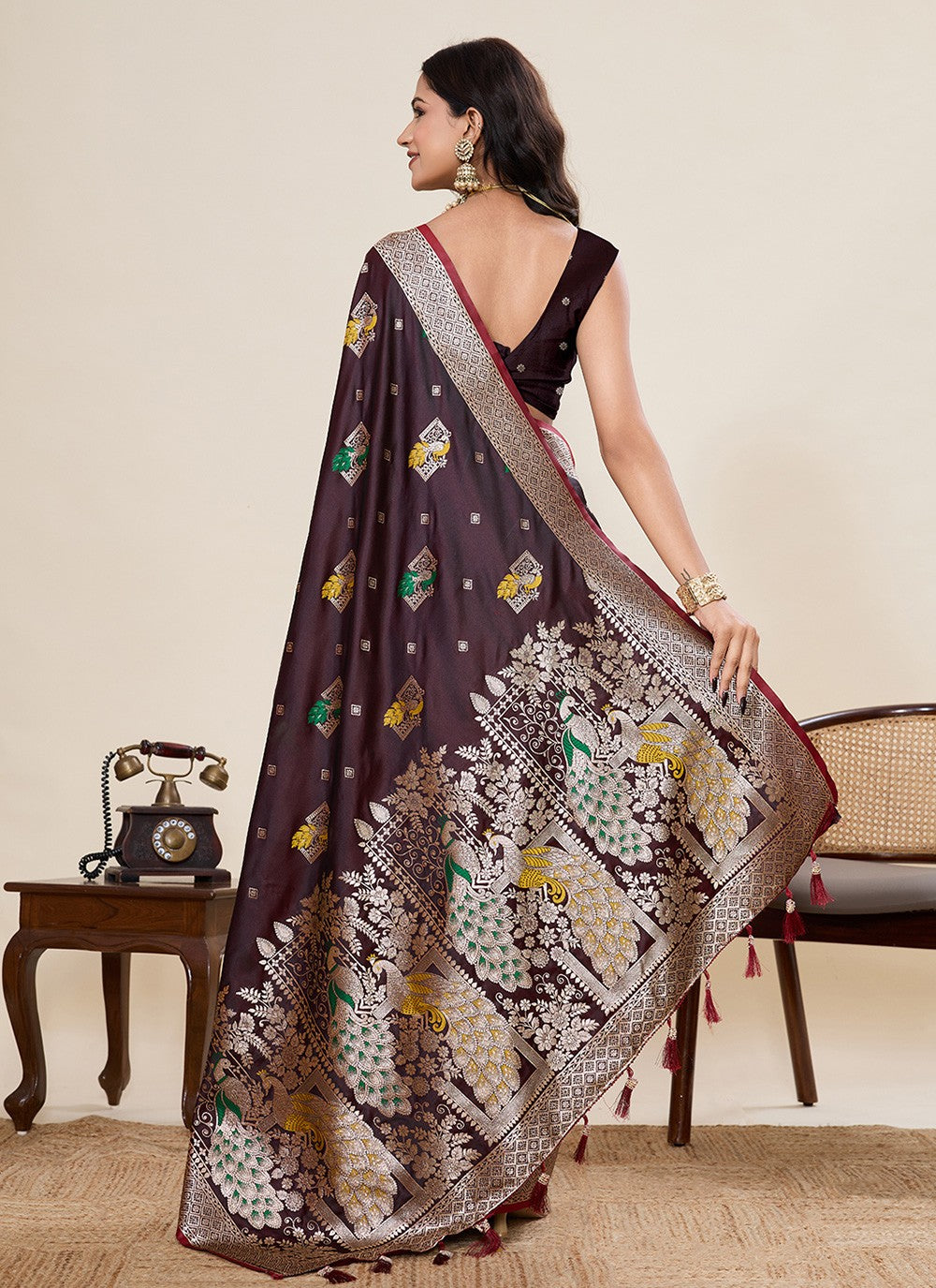 Brown Satin Silk Classic Saree Meenakari, Woven S19532