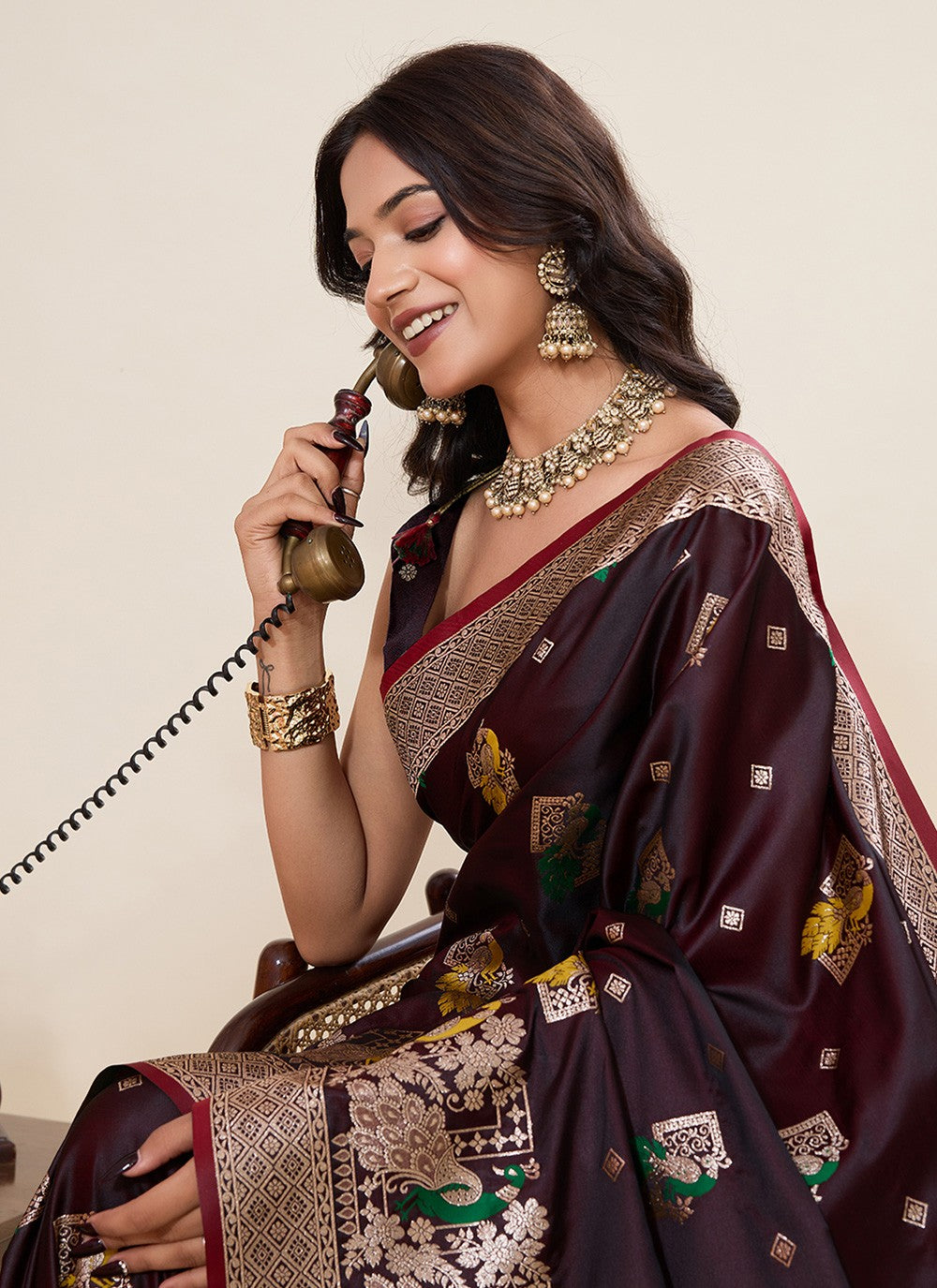 Brown Satin Silk Classic Saree Meenakari, Woven S19532