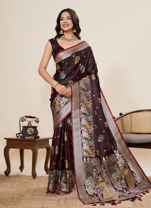 Brown Satin Silk Classic Saree Meenakari, Woven S19532