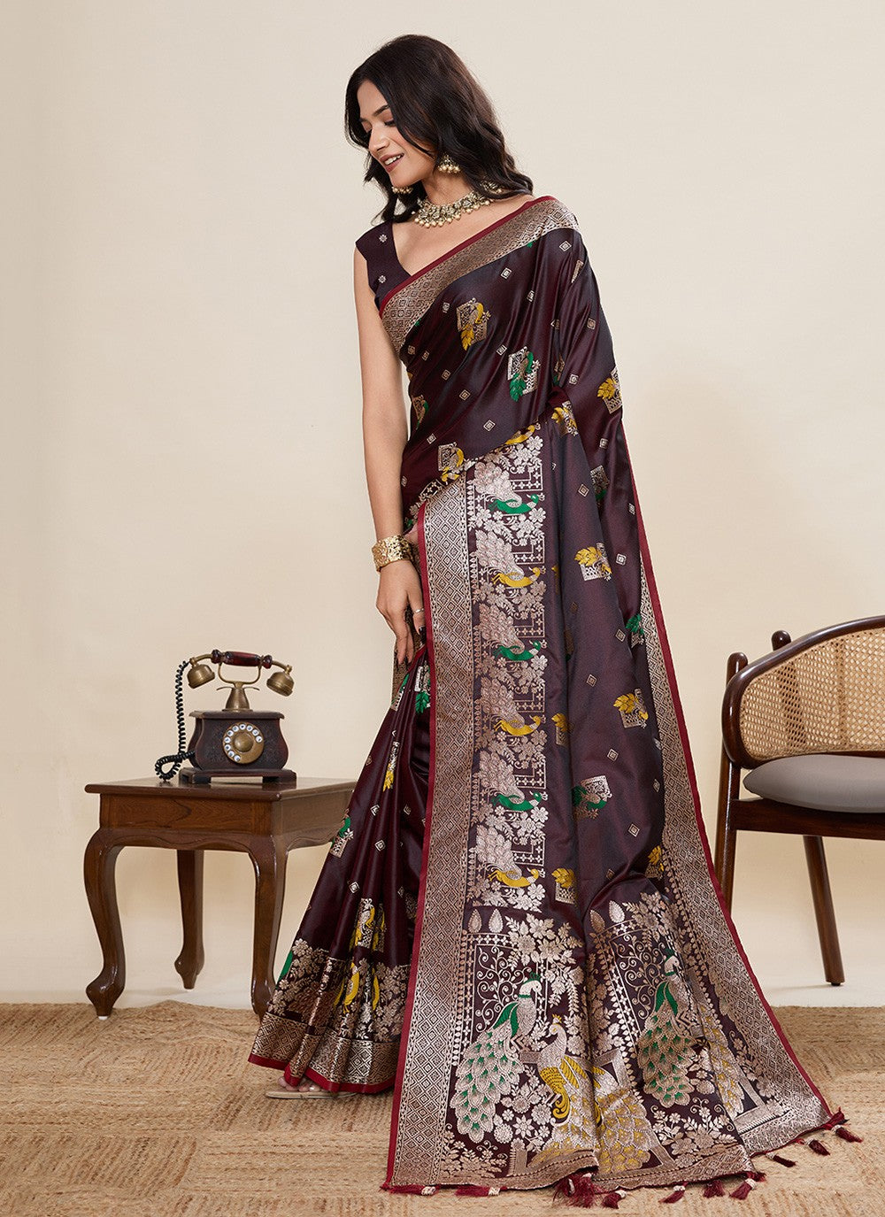 Brown Satin Silk Classic Saree Meenakari, Woven S19532