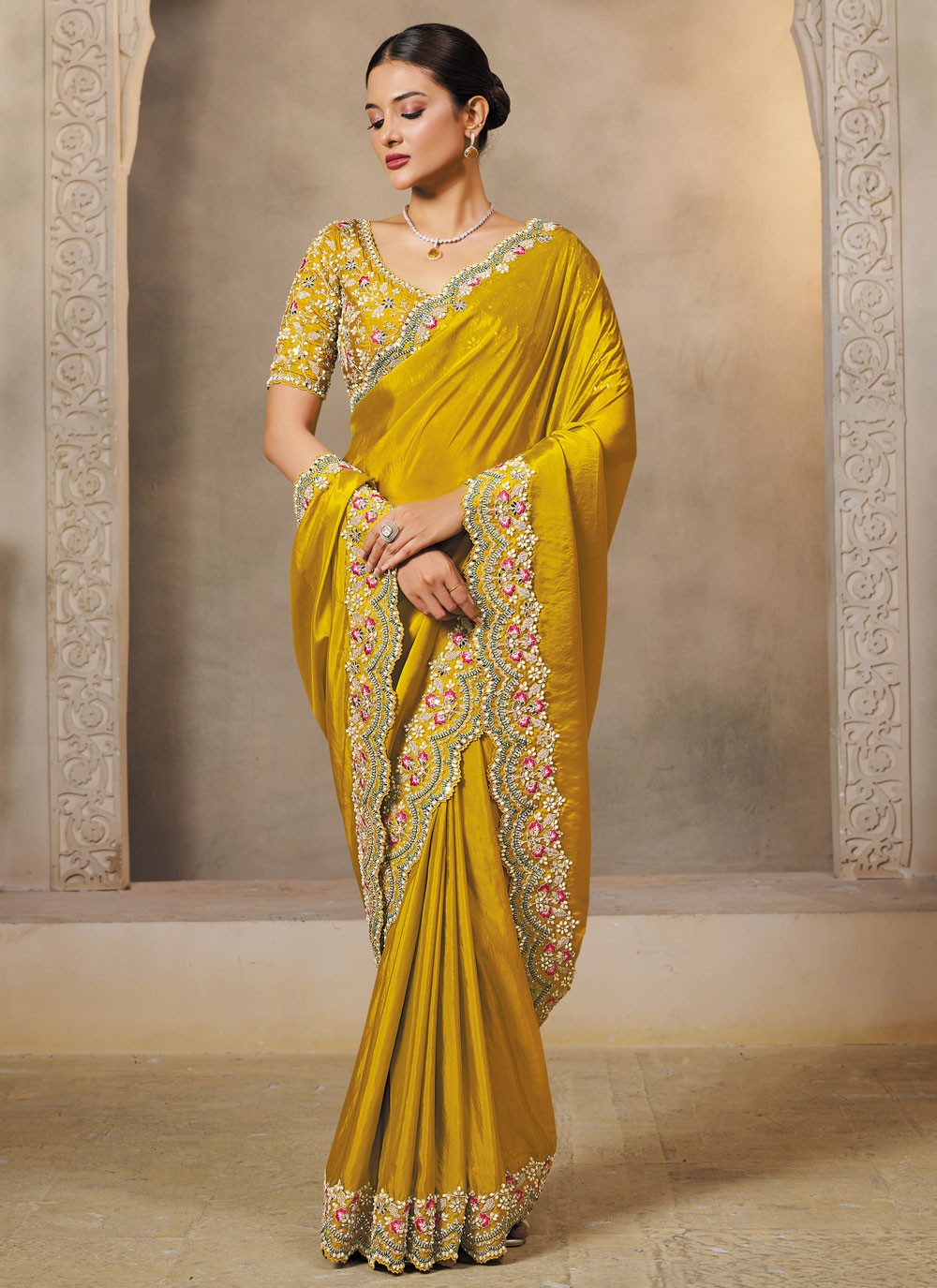 Yellow Satin Silk Traditional Saree Embroidered, Sequins S20452
