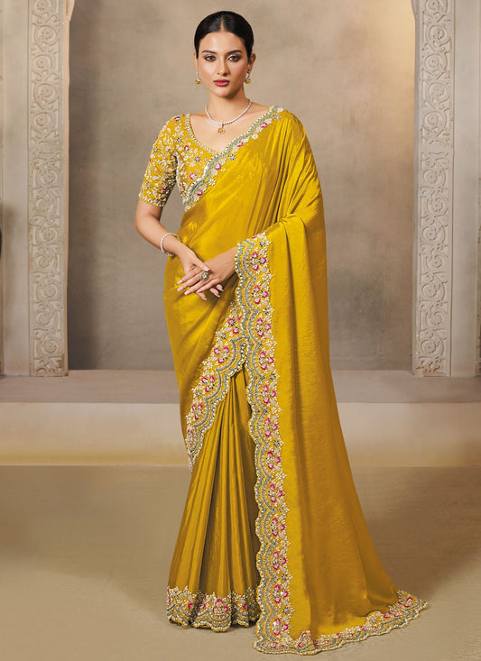 Yellow Satin Silk Traditional Saree Embroidered, Sequins S20452