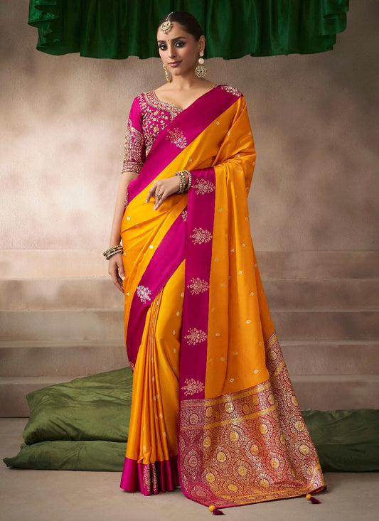 Yellow Satin Silk Traditional Saree Weaving Zari, Zari S19212