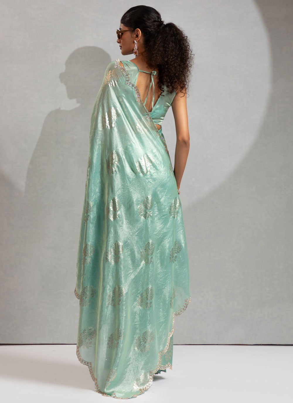 Sea Green Satin Silk Classic Saree Hand Embroidery, Zircon S17833