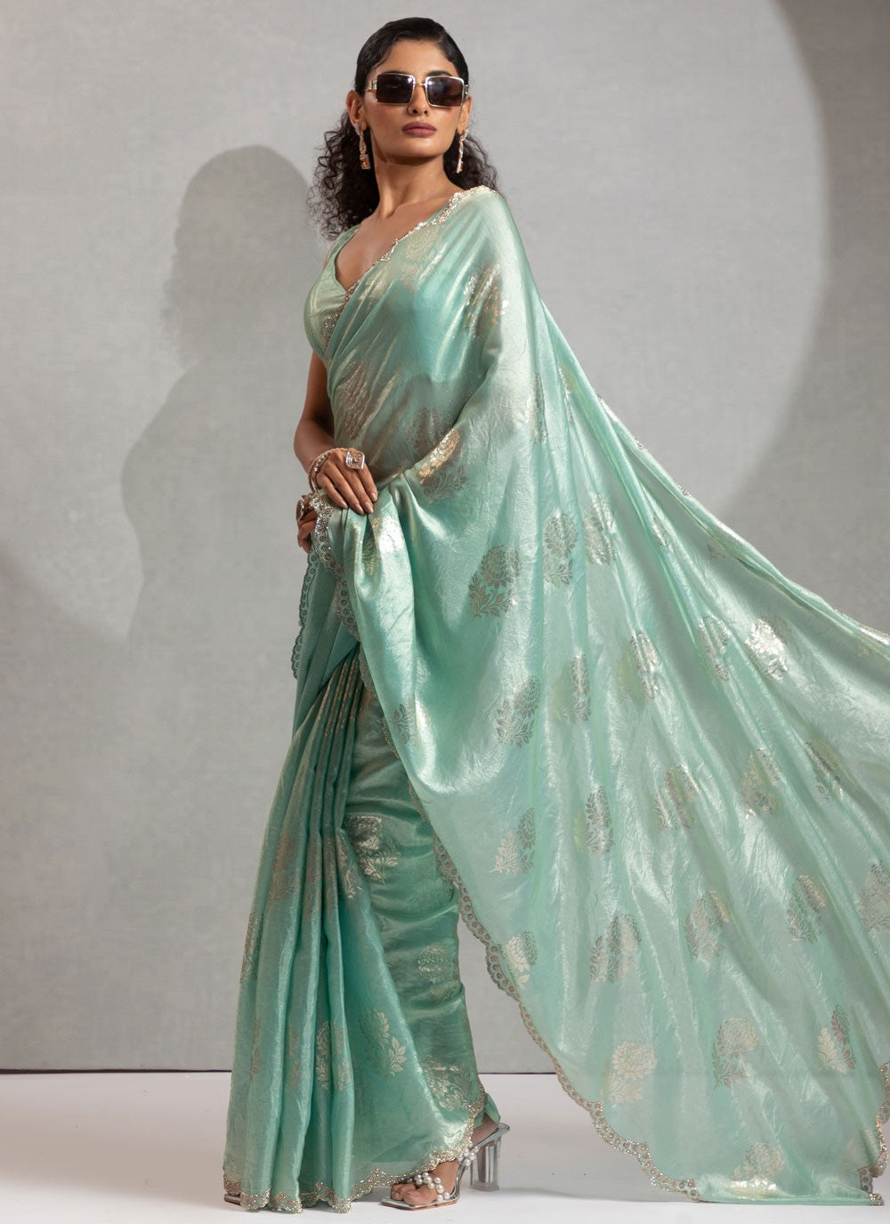 Sea Green Satin Silk Classic Saree Hand Embroidery, Zircon S17833