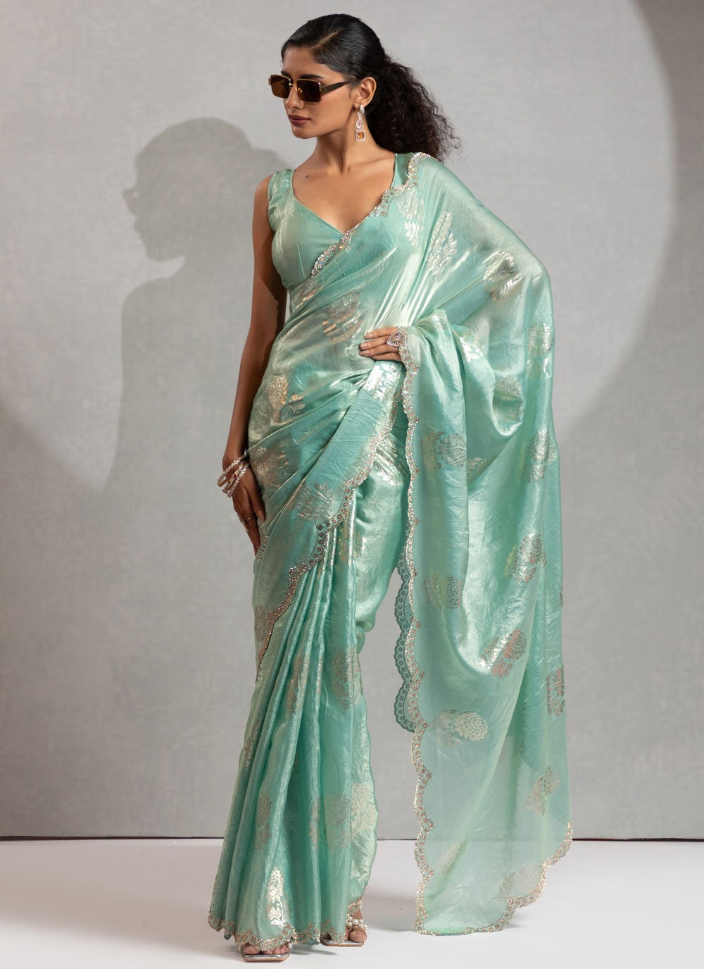 Sea Green Satin Silk Classic Saree Hand Embroidery, Zircon S17833