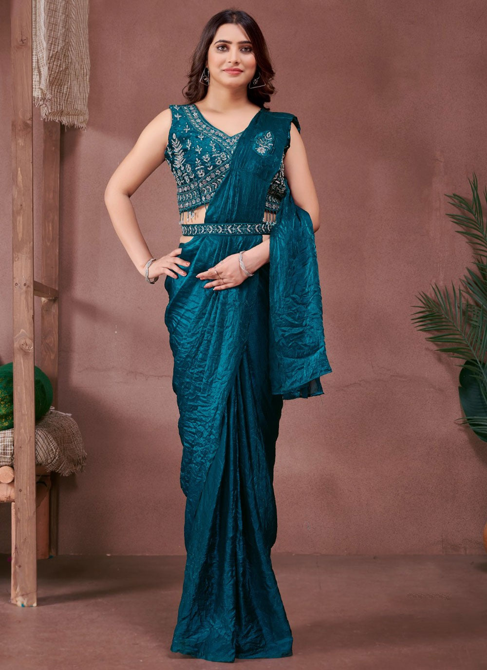Trendy Saree Plain Teal Satin Saree S13000
