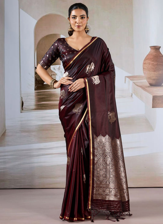 Wine Handloom Silk Traditional Saree Weaving Zari S17869
