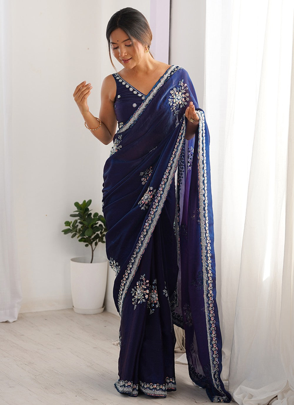 Blue Satin Trendy Saree Beads, Hand Embroidery S15796