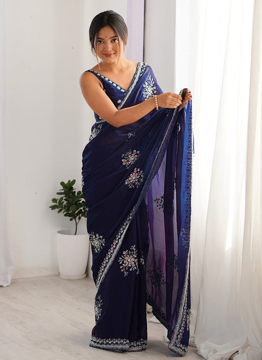 Blue Satin Trendy Saree Beads, Hand Embroidery S15796