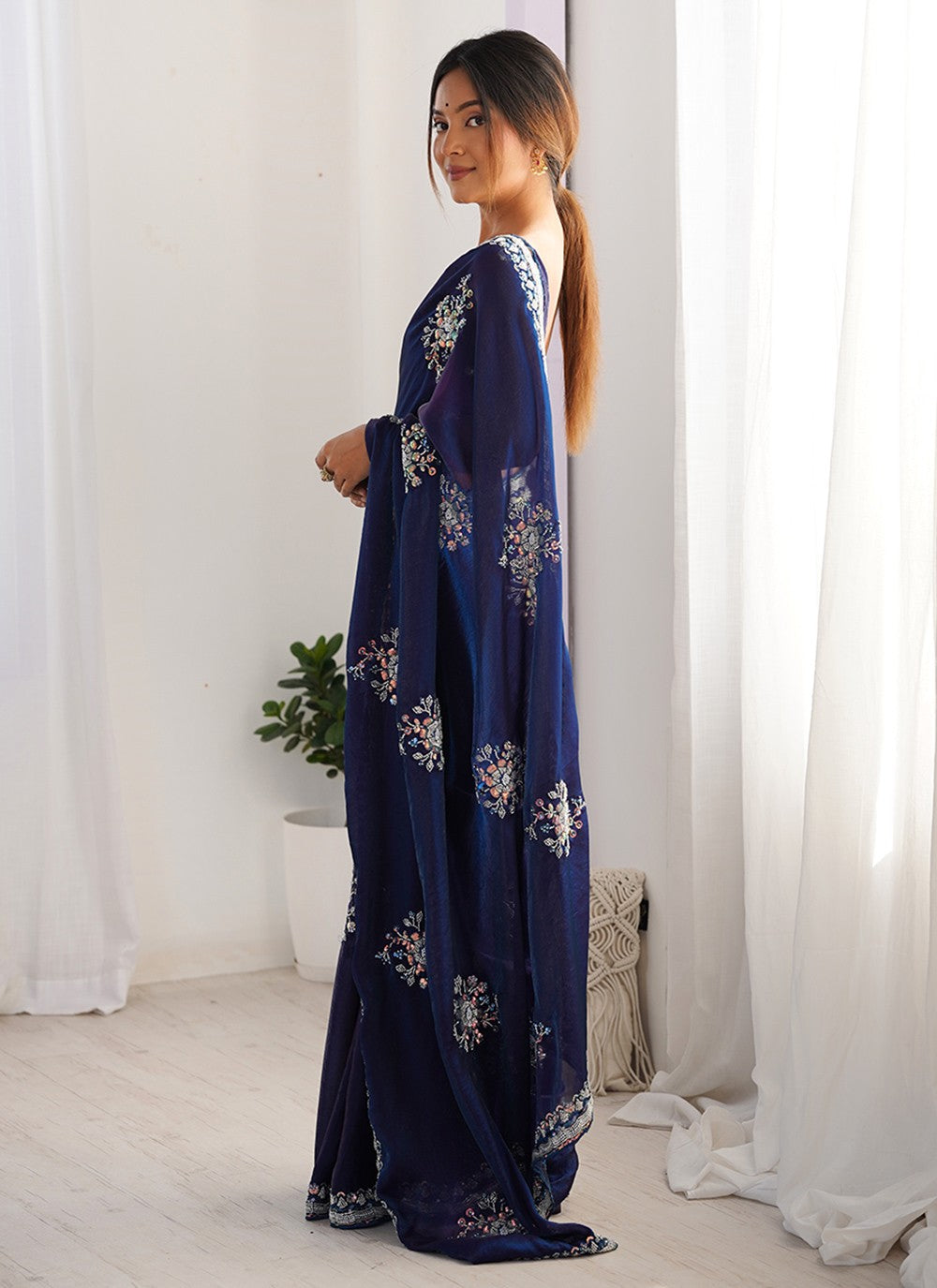 Blue Satin Trendy Saree Beads, Hand Embroidery S15796