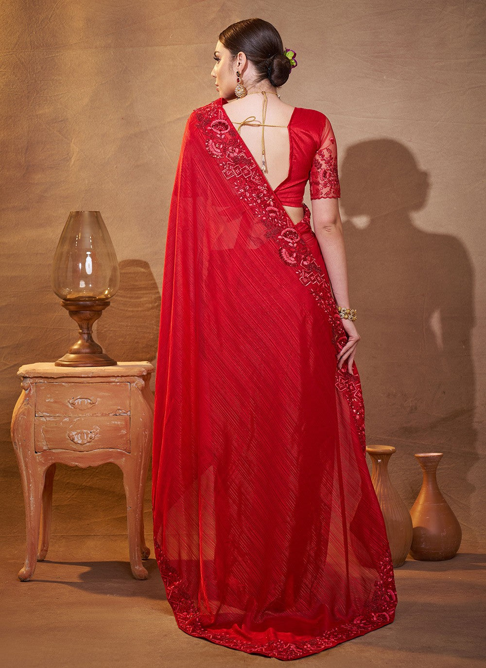 Embroidered Satin Maroon Saree S14725