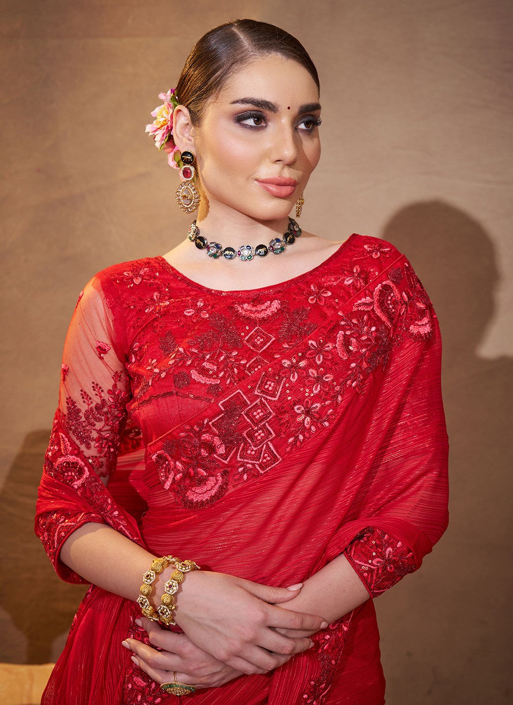 Embroidered Satin Maroon Saree S14725
