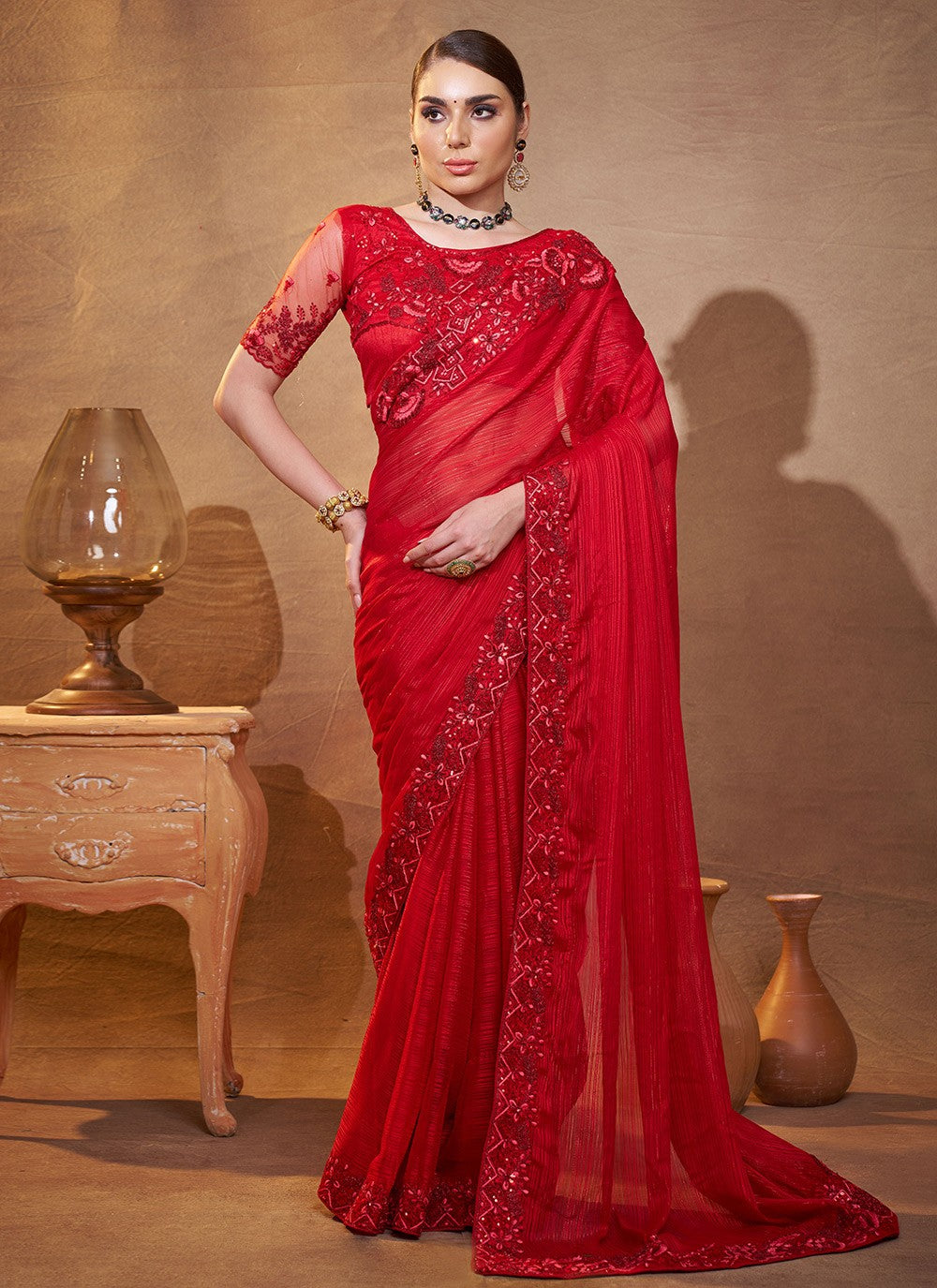 Embroidered Satin Maroon Saree S14725