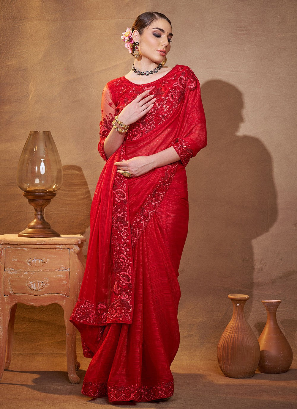 Embroidered Satin Maroon Saree S14725