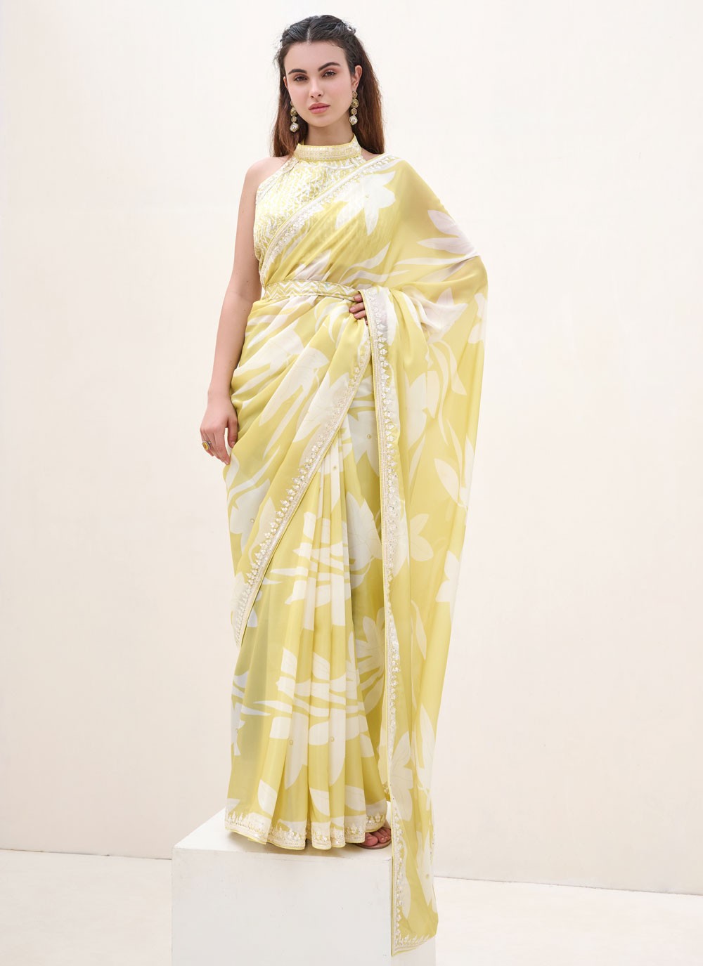 Yellow Satin Traditional Saree Border Work, Digital Print, Embroidered S18664
