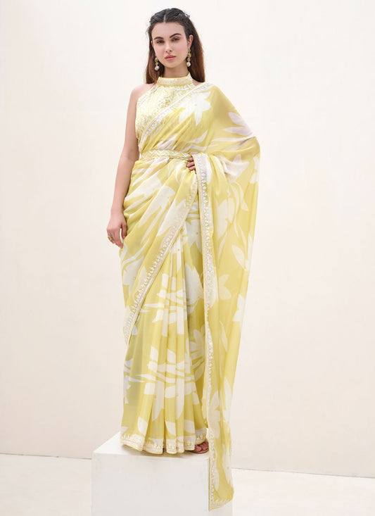 Yellow Satin Traditional Saree Border Work, Digital Print, Embroidered S18664