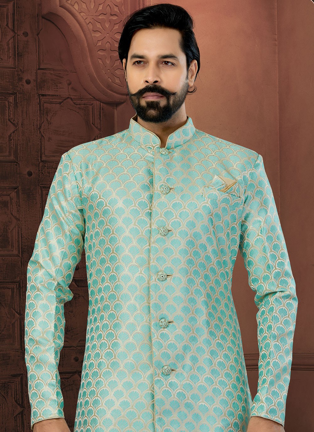 Fancy Work Banarasi Jacquard Sea Green Indo Western Sherwani - M5808
