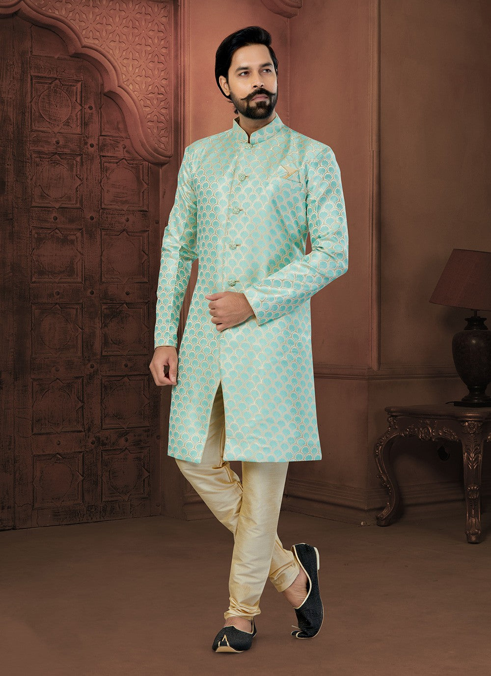 Fancy Work Banarasi Jacquard Sea Green Indo Western Sherwani - M5808