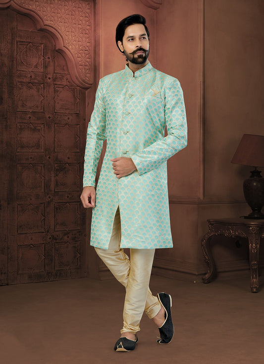 Fancy Work Banarasi Jacquard Sea Green Indo Western Sherwani - M5808