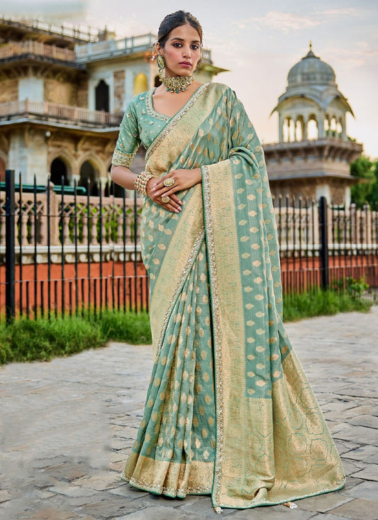 Sea Green Tissue Traditional Saree Beads S19775