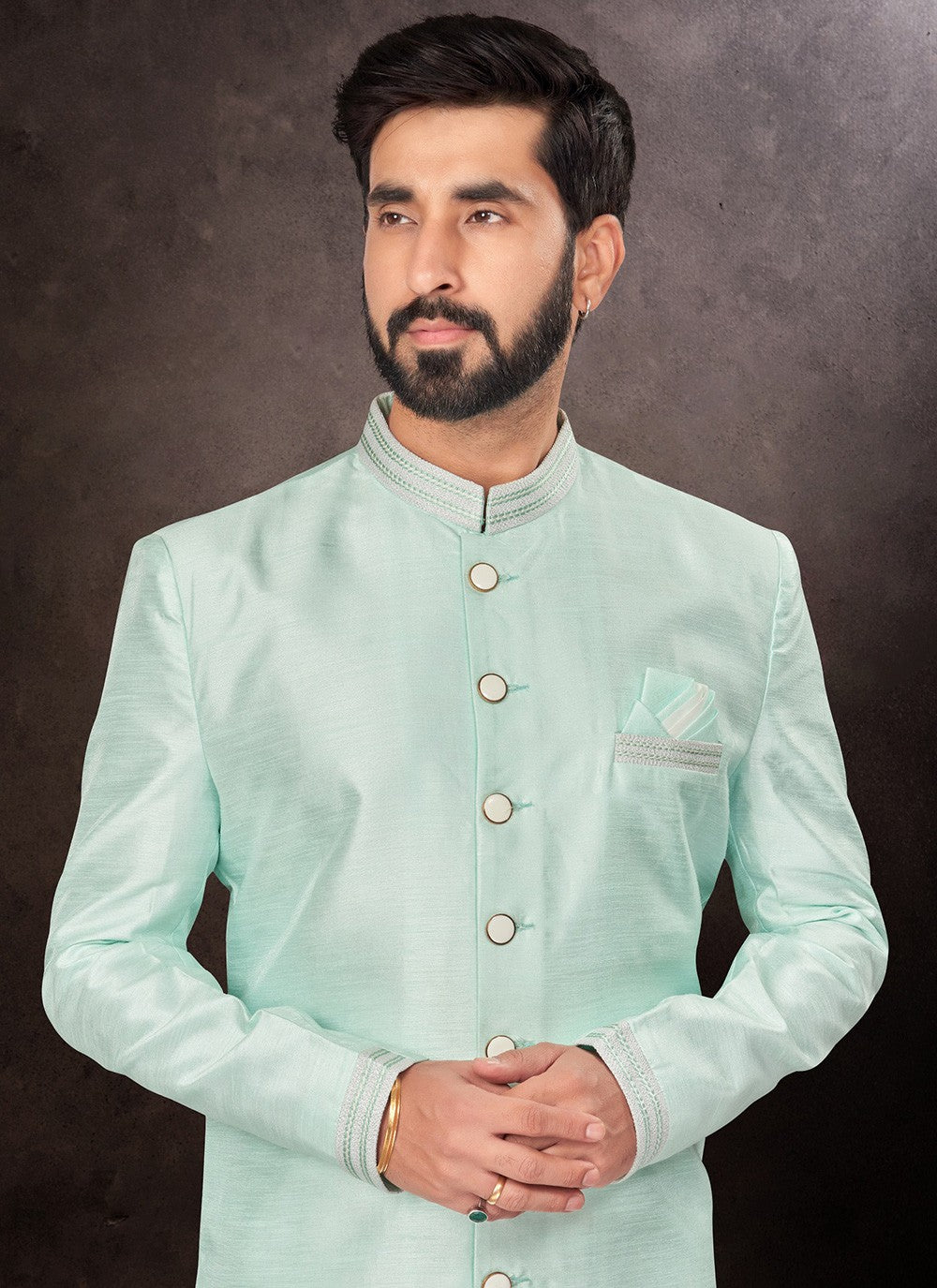 Buttons Silk Sea Green Indo Western - M7233