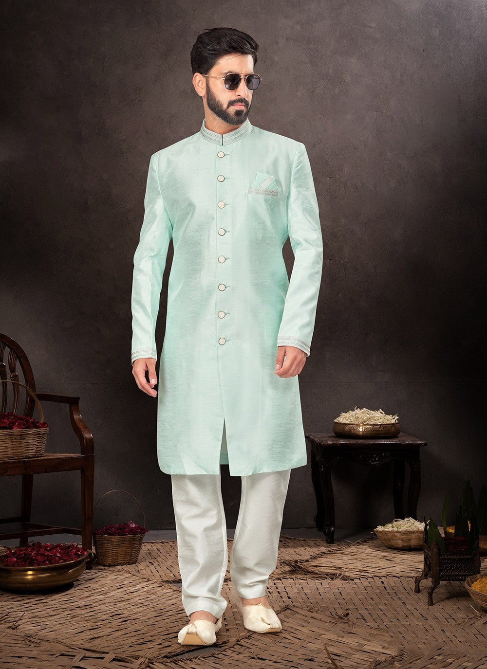Buttons Silk Sea Green Indo Western - M7233
