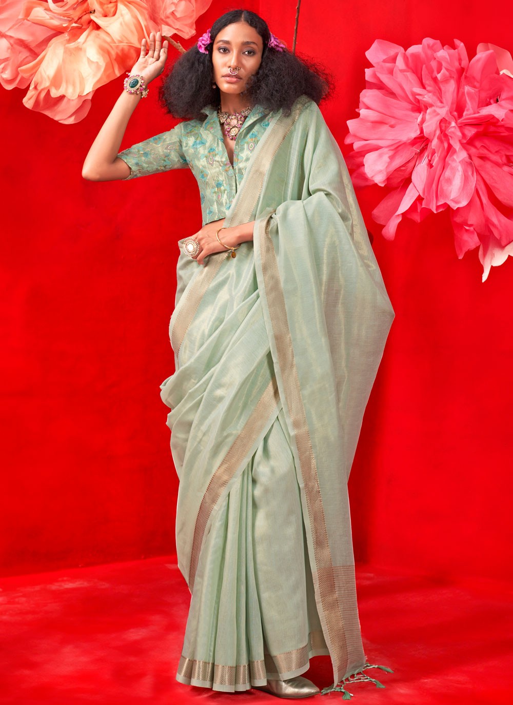 Weaving Zari Handloom Silk Sea Green Classic Saree S15580