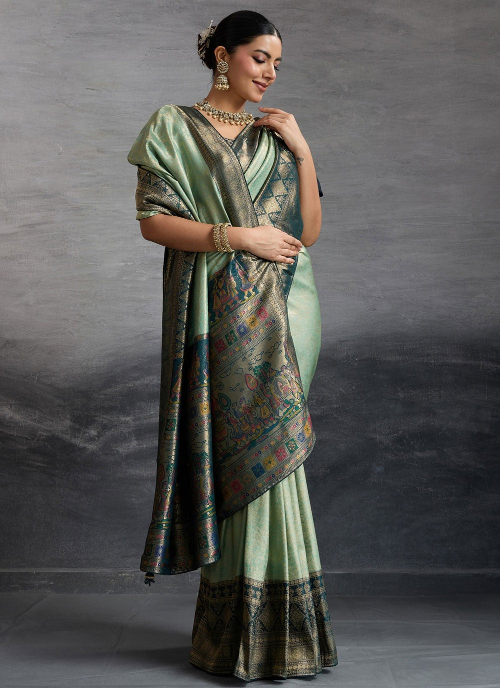 Sea Green Kanjivaram Silk Contemporary Saree Weaving Zari S19840