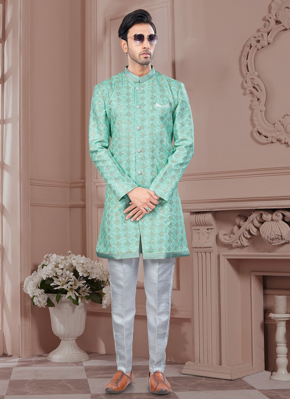 Digital Print Imported, Silk Sea Green Indo Western Sherwani - M8622