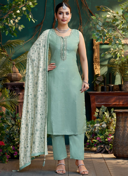 Pant Style Suit Embroidered Sea Green T8115
