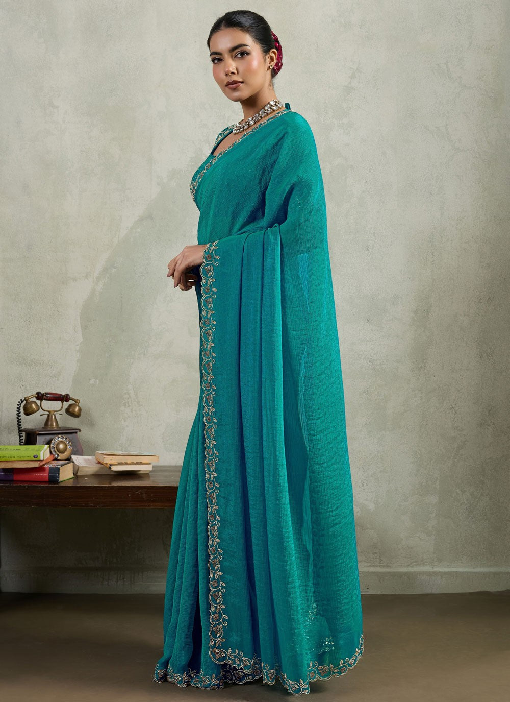 Sea Green Chiffon Contemporary Saree Border Work, Lace, Zircon S19544