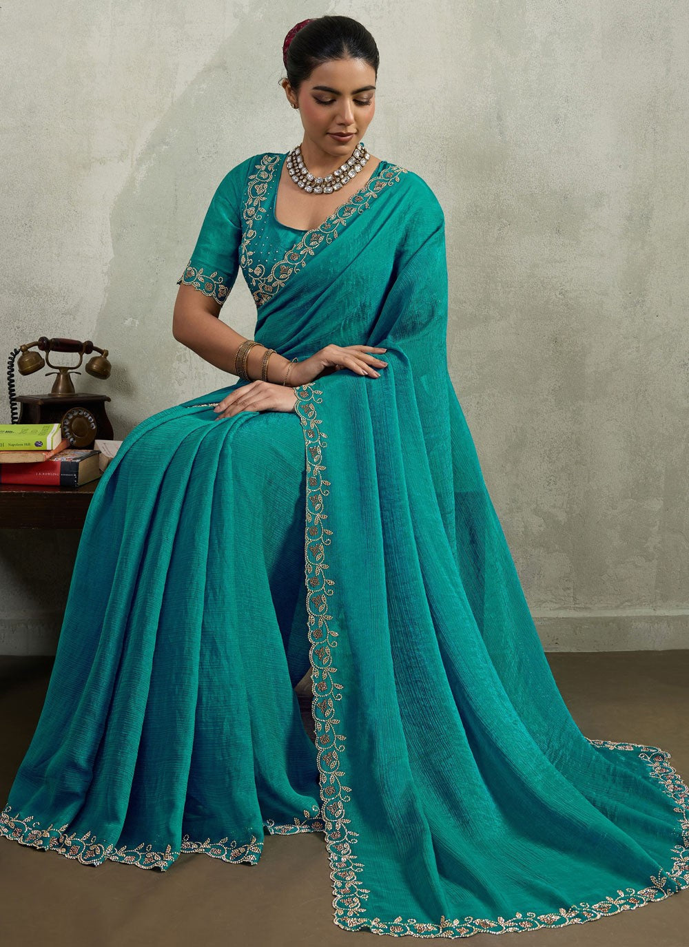 Sea Green Chiffon Contemporary Saree Border Work, Lace, Zircon S19544