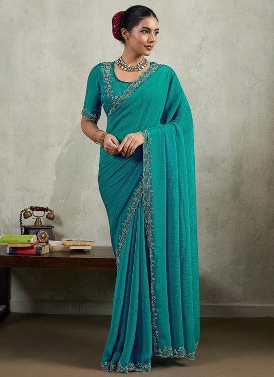 Sea Green Chiffon Contemporary Saree Border Work, Lace, Zircon S19544