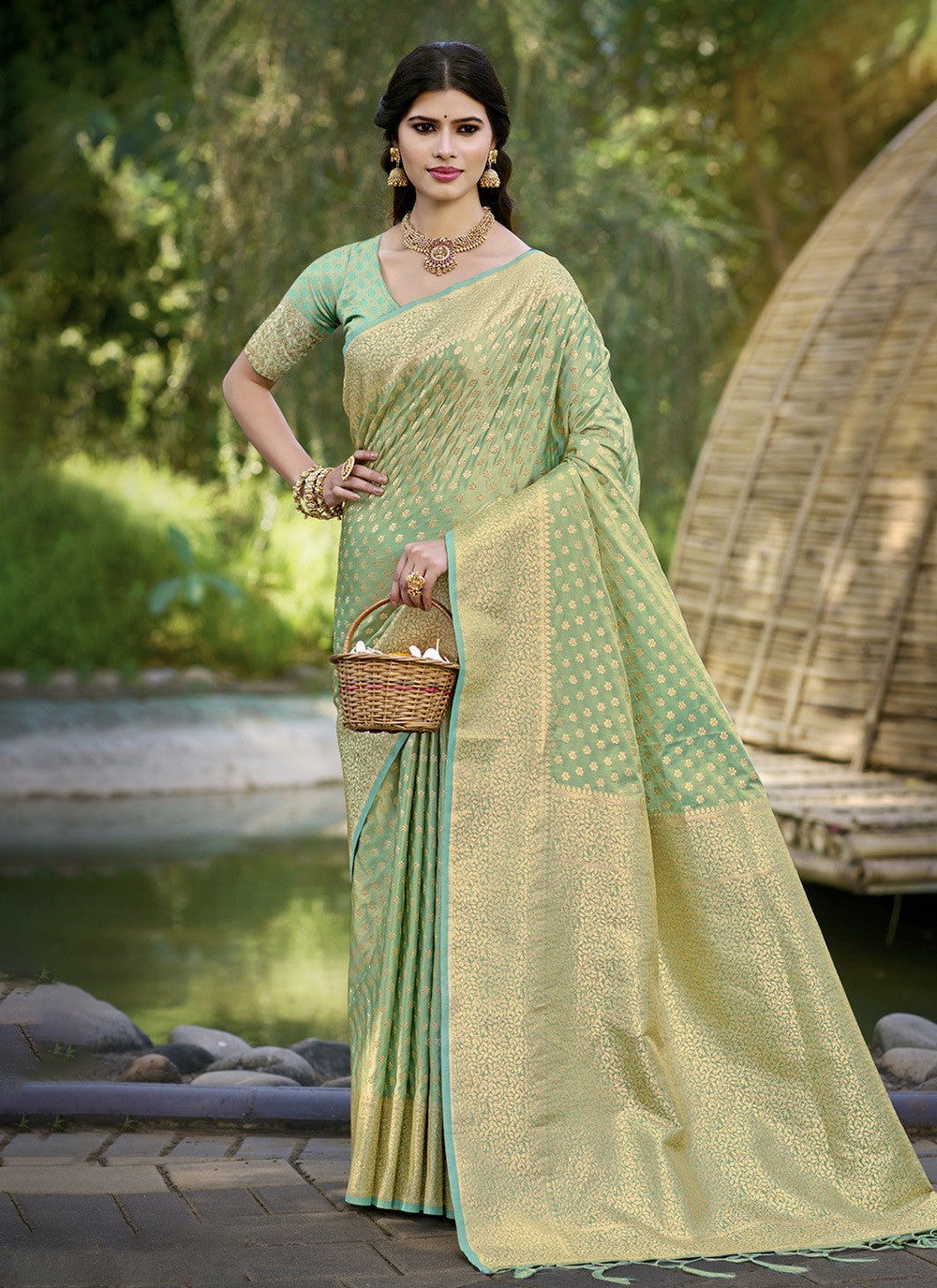 Classic Saree Woven Sea Green Silk S12357