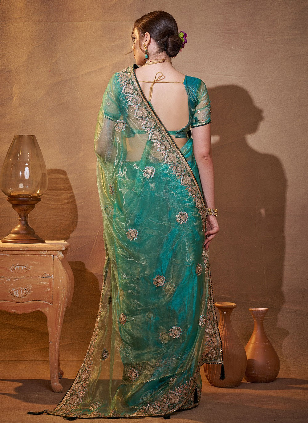 Embroidered Organza Sea Green Saree S14380