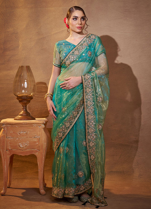 Embroidered Organza Sea Green Saree S14380