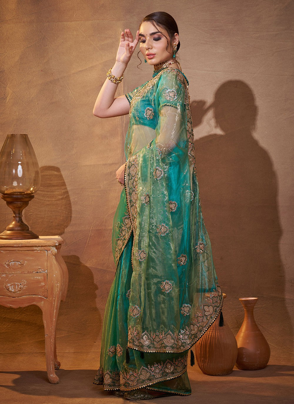 Embroidered Organza Sea Green Saree S14380