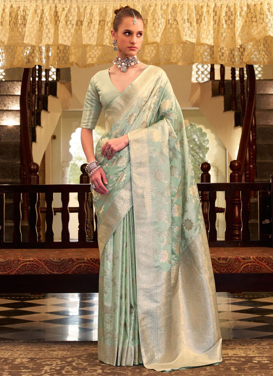 Weaving Zari Satin Silk Sea Green Trendy Saree S15410