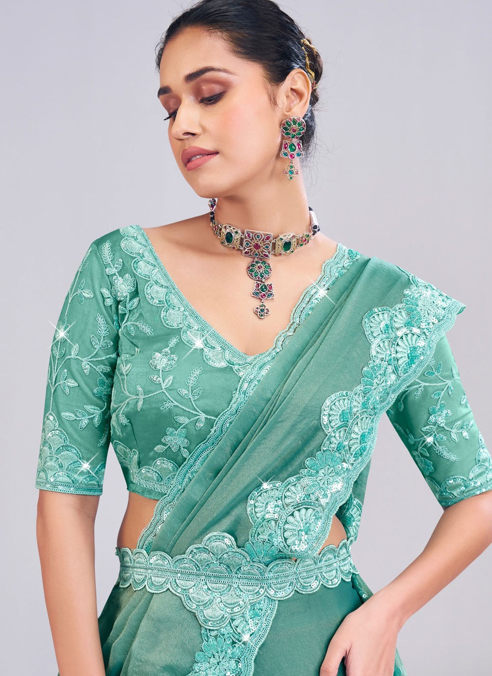 Sea Green Silk Trendy Saree Fancy Work S19884