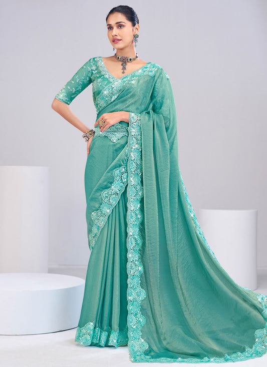 Sea Green Silk Trendy Saree Fancy Work S19884