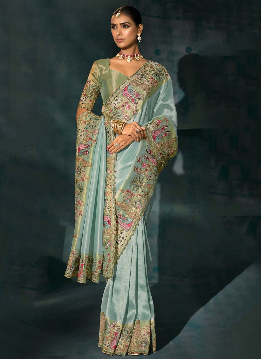 Sea Green Silk Contemporary Saree Cutdana, Embroidered, Mirror, Moti, Thread, Zari S19711