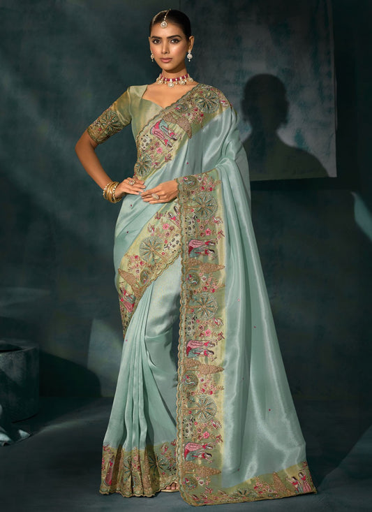 Sea Green Silk Contemporary Saree Cutdana, Embroidered, Mirror, Moti, Thread, Zari S19711