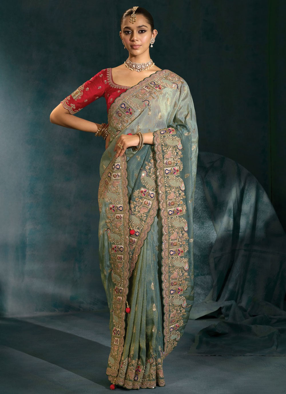 Sea Green Pure Crepe Contemporary Saree Cutdana, Embroidered, Moti, Thread, Zari S19715