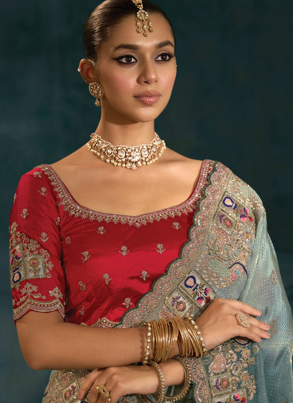 Sea Green Pure Crepe Contemporary Saree Cutdana, Embroidered, Moti, Thread, Zari S19715