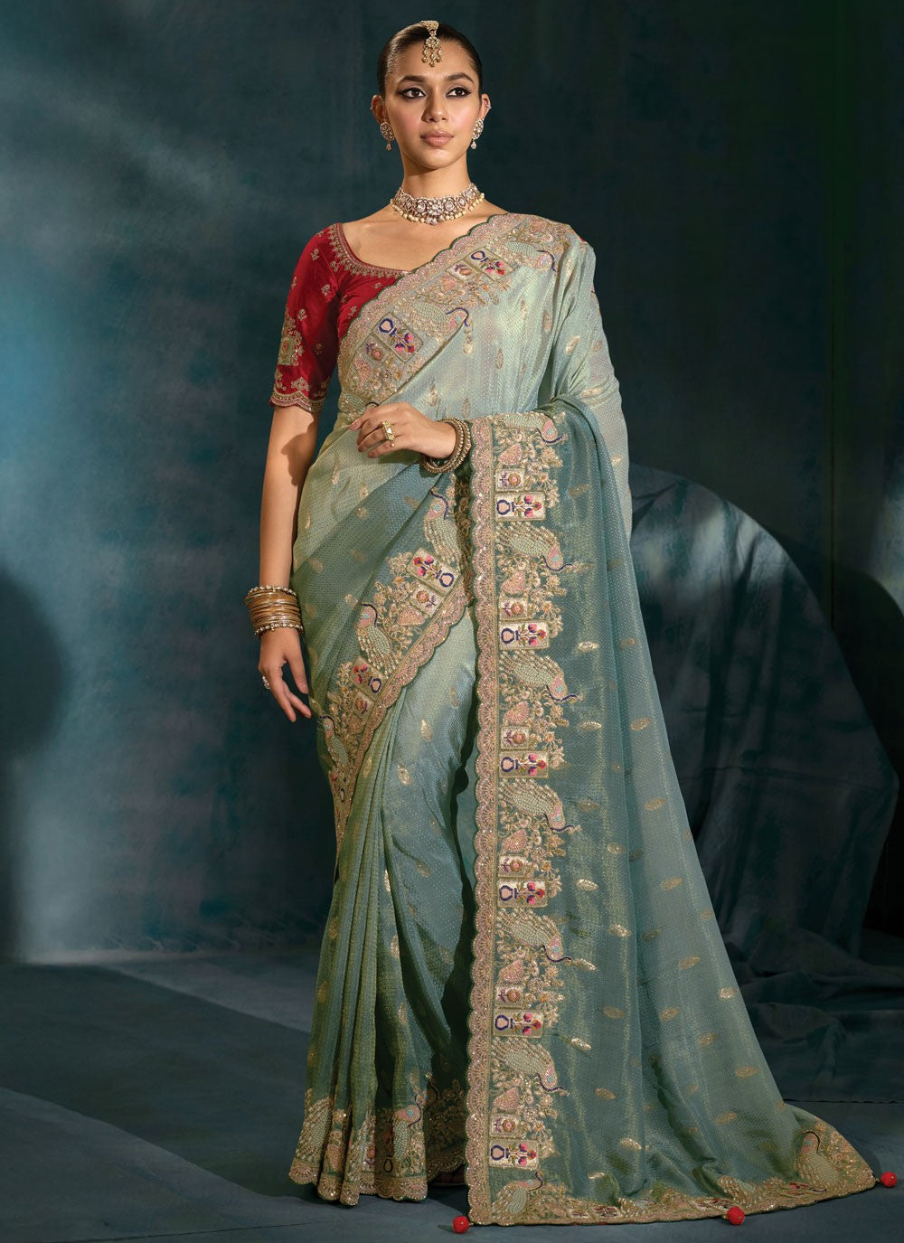 Sea Green Pure Crepe Contemporary Saree Cutdana, Embroidered, Moti, Thread, Zari S19715