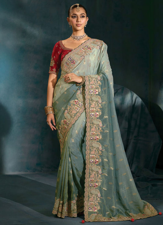 Sea Green Pure Crepe Contemporary Saree Cutdana, Embroidered, Moti, Thread, Zari S19715